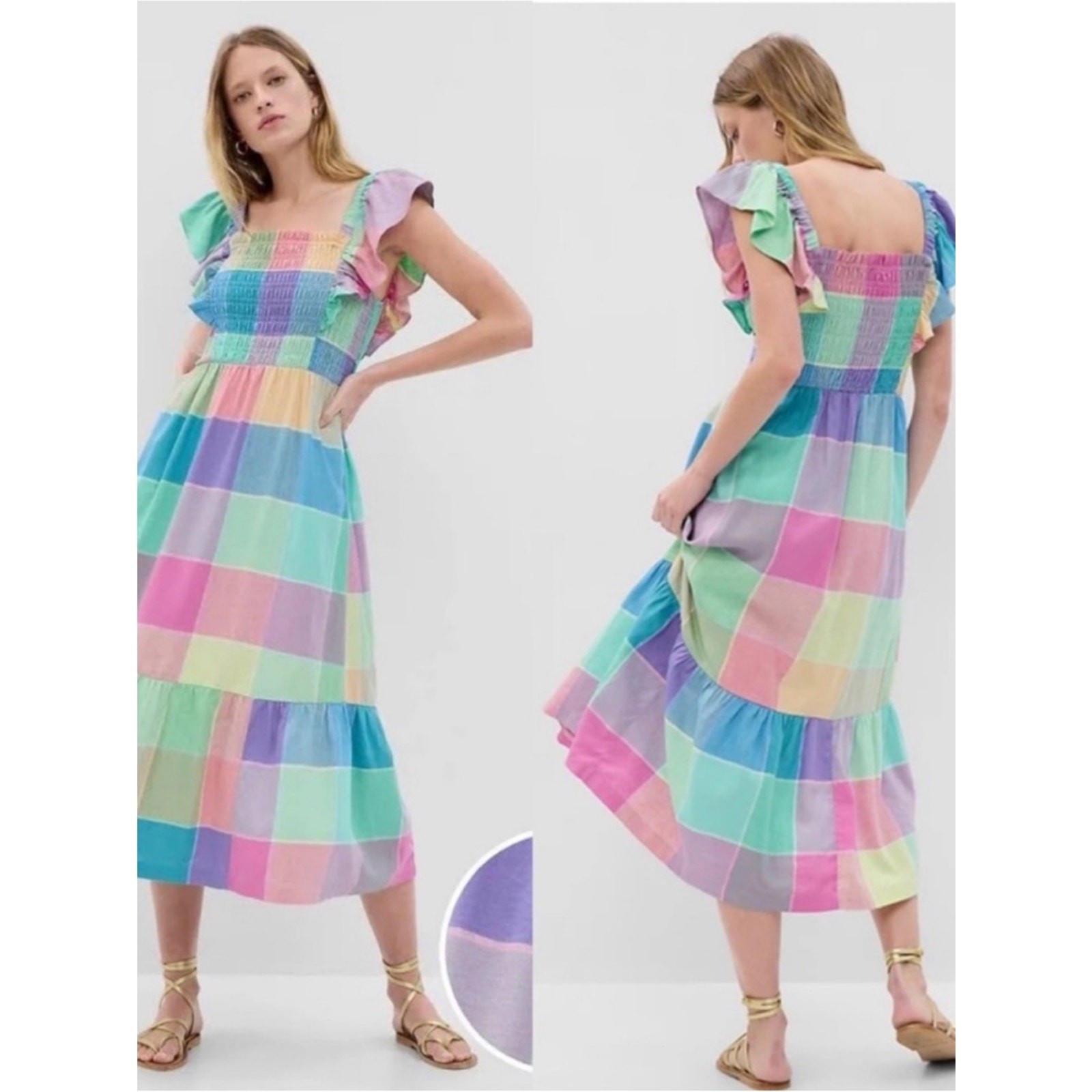 Gap Linen-Blend Colorful Pastel Flutter Sleeve Smocked Midi Dress NWT