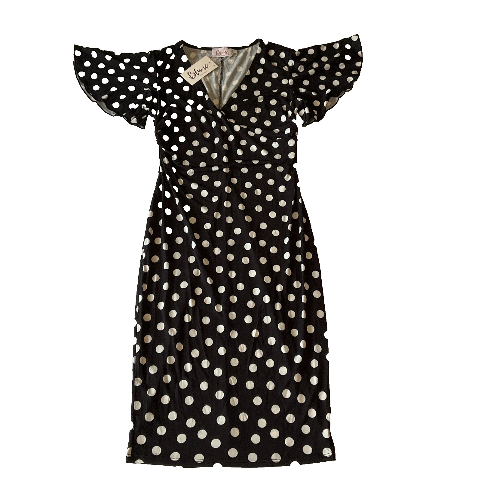 Blume Maternity Bodycon Dress Womens Size 6 Black White Polkadots Ruffle Sleeve
