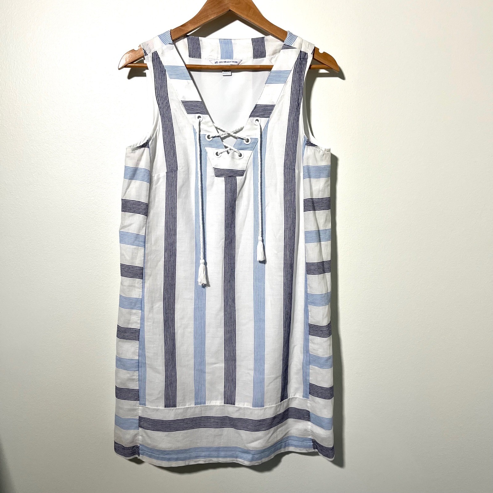 Southern Tide Womens Blue White Striped Lace Up Tassel Shift Dress Small S