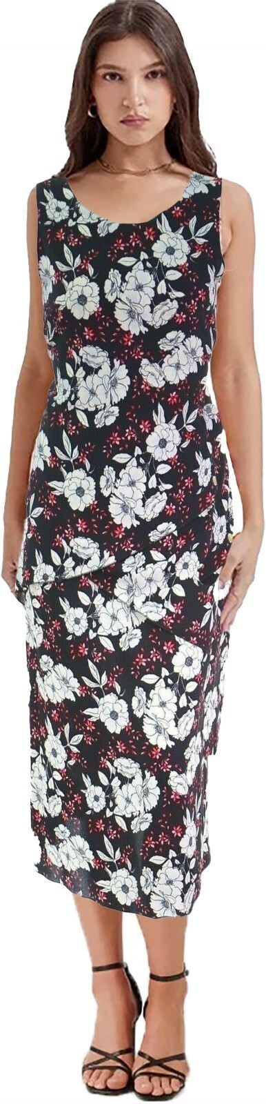 Ladies Dress Black White Red Floral Print 3 Tier Triple Layer Georgette