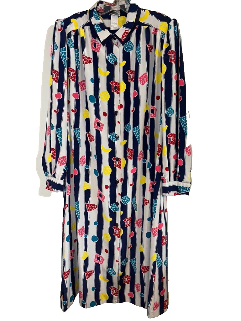 Vintage Floral Striped Shirt Dress 18 Colorful Geek Mod Retro Preppy Classic 80s
