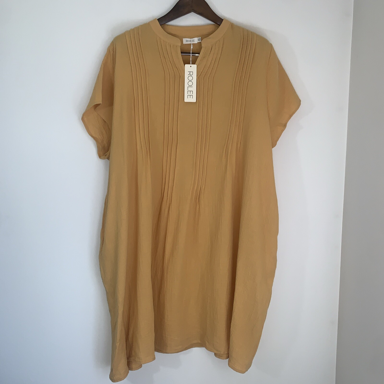 Roolee Midi Dress Womens 3XL Yellow Gauze Pintuck Pockets Lagenlook Resort Beach