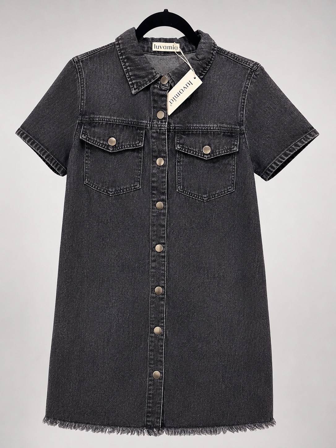 Luvamia Women’s charcoal gray Denim Shirt Dress Collared Button Front
