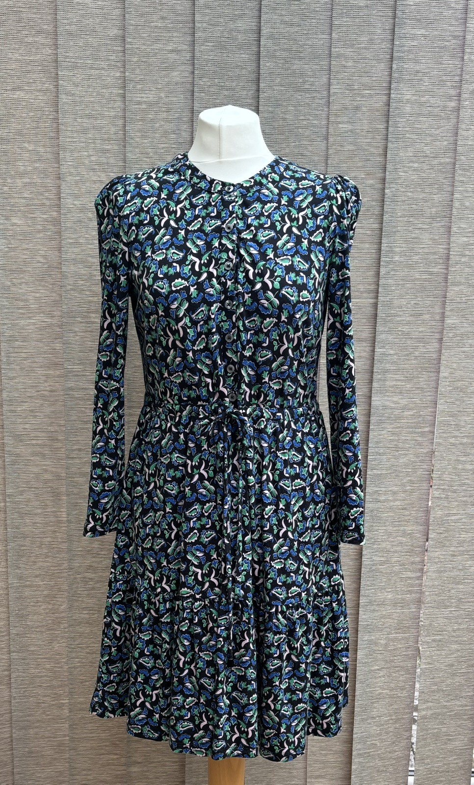 Boden Jersey Dress UK 12 P Blue Floral Tiered adjustable waist tie Long sleeve