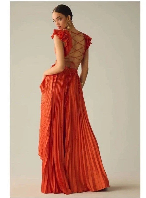 Mac Duggal Leena Pleated Flutter Sleeve Deep V Neck Lace Up Gown Size 12.