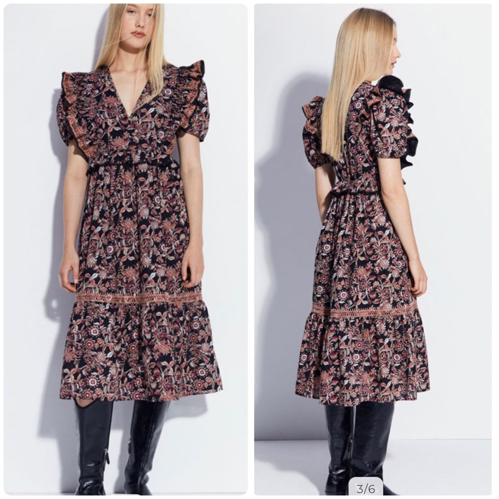 SFera Dainty Floral Midi Dress Womens Medium Embroidered Ruffles Feminine Modest