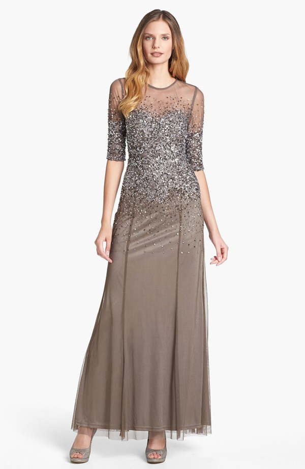 ADRIANNA PAPELL BEADED ILLUSIONS BODICE MESH LEAD COLOR GOWN DRESS sz 4