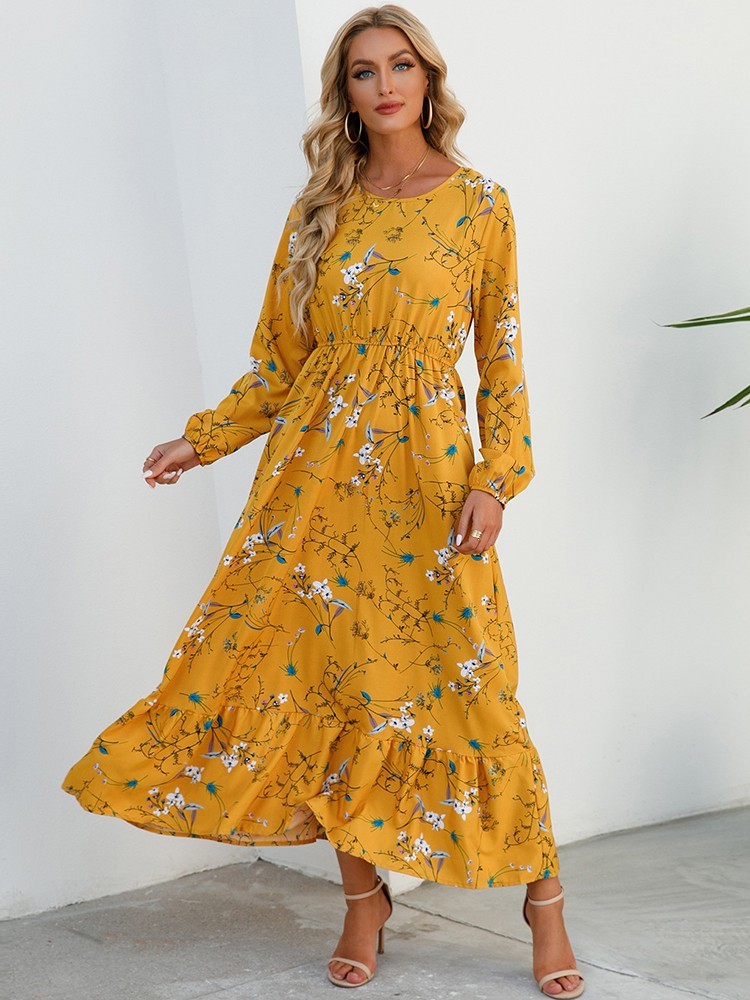 Spring summer Women Maxi dress Long sleeves Printed–M–Chest: 40 inches