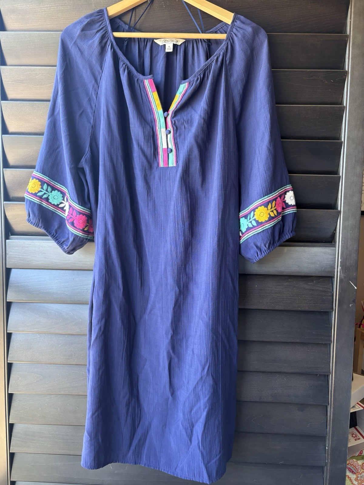 The Pioneer Woman XL Blue Dress Peasant Colorful Embroidery Detail Floral Triba
