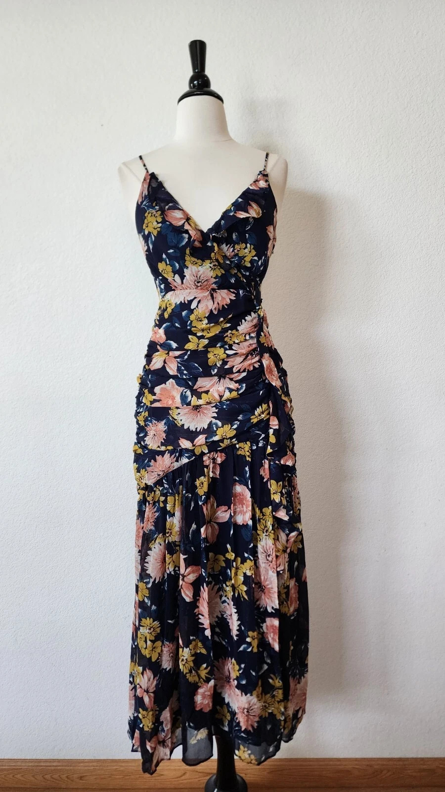 New Anthro Midi Dress Size Small Blue Floral Ruche Wedding Party Date Formal