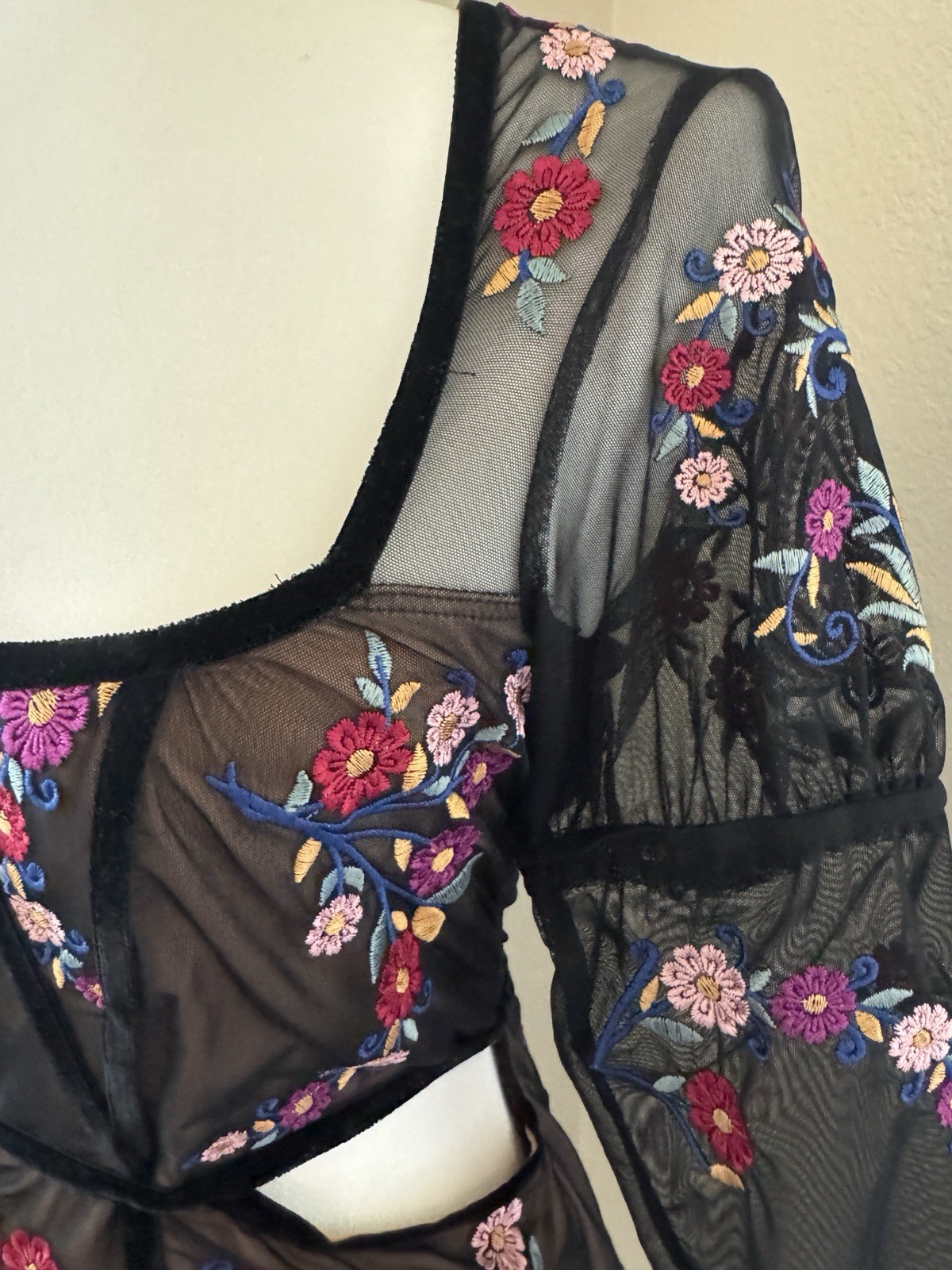 NWT For Love & and Lemons Ester Mini Dress Black Mesh Embroidered Medium Floral