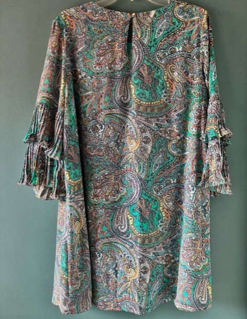 EST. 1946 Brown Teal Paisley Tiered 3/4 Sleeve Shift Dress NWT Boho L Feminine