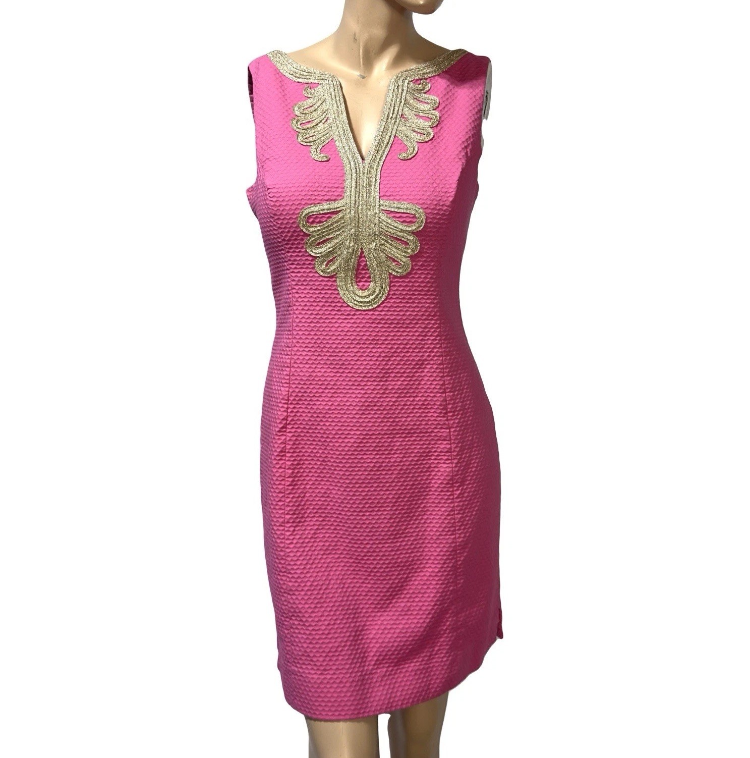 Lilly Pulitzer Janice Dress Pink Gold Embroidered Soutache Size 8 Cotton Pique