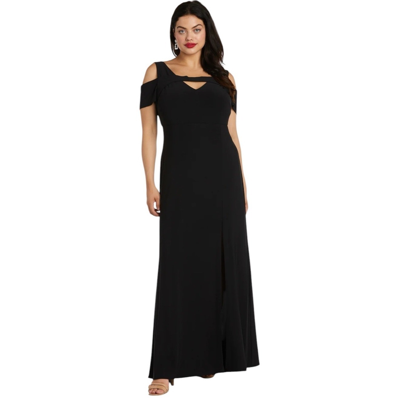 Nightway Cold-Shoulder Keyhole Maxi Gown, A-Line, Side Slit, Black, Size 12