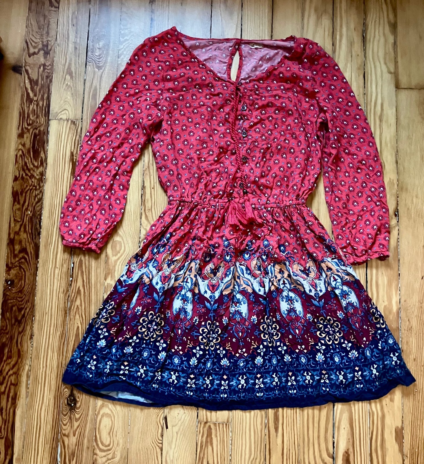 Hollister Rust Red Boho Border Print Dress Tassel Waist Long Sleeve Prairie S