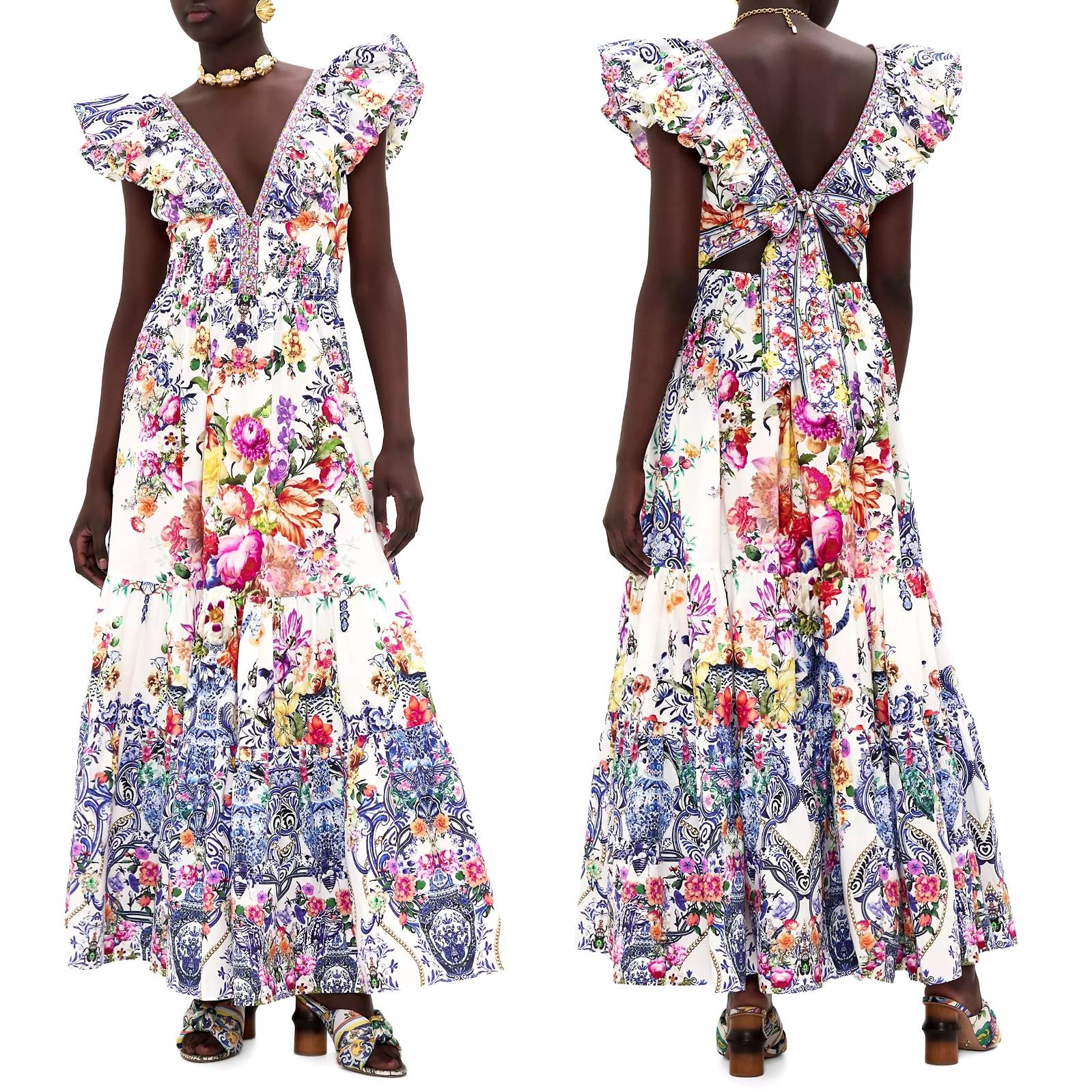 CAMILLA “Dutch Is Life” Tiered Frill Cotton V-Neck Open Back Maxi Dress, L $899