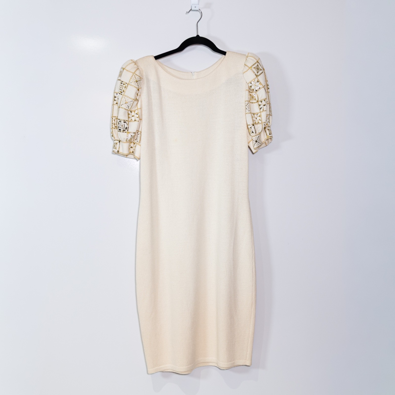 St. John Evening Vintage Sweater Knit Stretch Studded Embellished Sleeve Dress