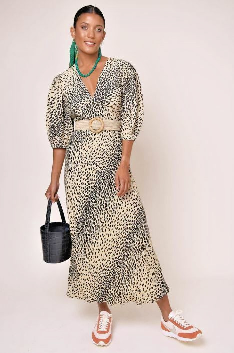 Rixo Jolene Antelope Midi Dress Size L UK 14 / US 10 V Neck Bias Cut Flattering