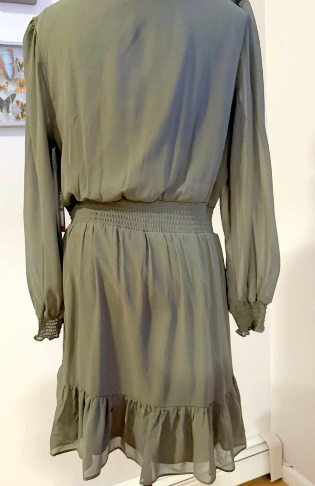 NWT Vince Camuto Women’s L Khaki Green Fit & Flare Faux Wrap Dress w Ruffle Hem