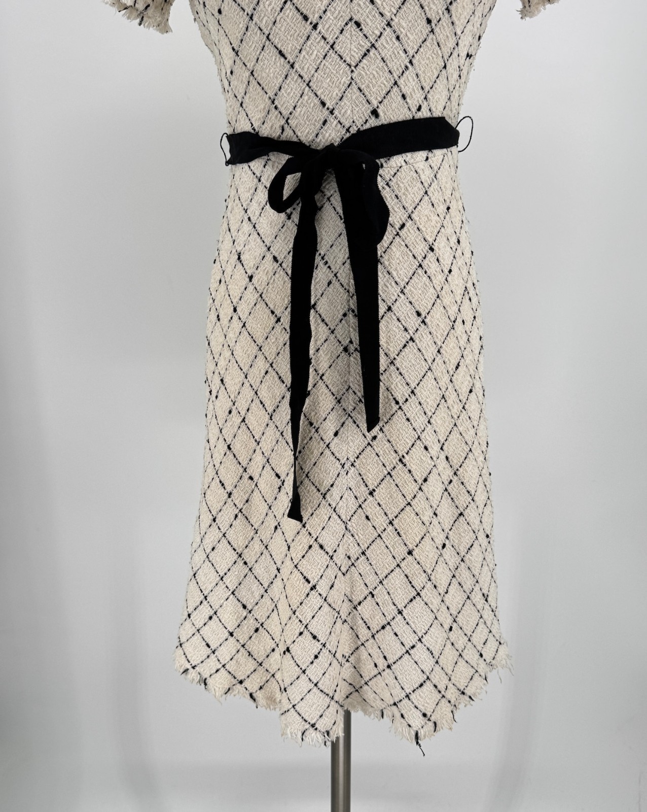 Rebecca Taylor Ivory Boucle Argyle Preppy Ruffle Collar Belted A Line Dress Sz 0