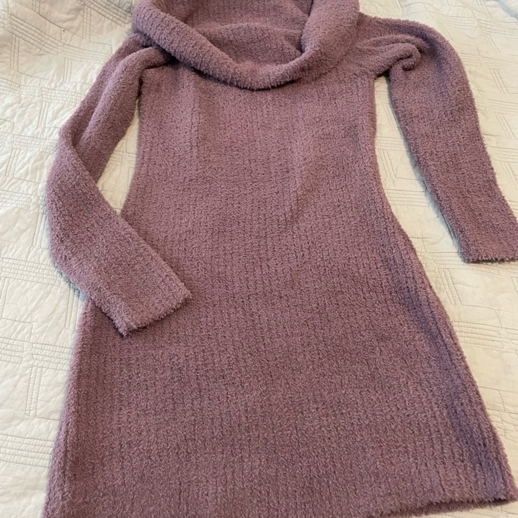 Cozy purple fuzzy Cowl Neck Women’s Sweater Dress granny