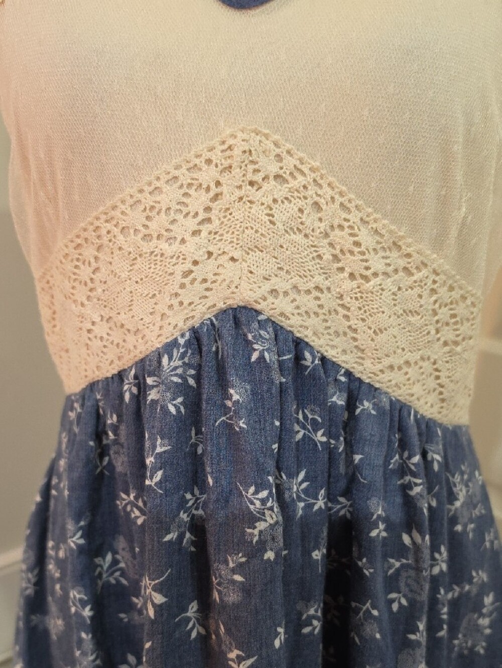 RYU Boho Cottagecore Blue Floral Lace-Up Corset-Back V-Neck Sundress – Size M