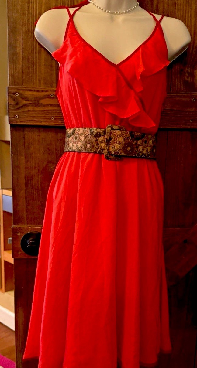 Anthropologie Womens Red V-Neck Strappy RuffleKnee Cocktail A-Line Dress Silk