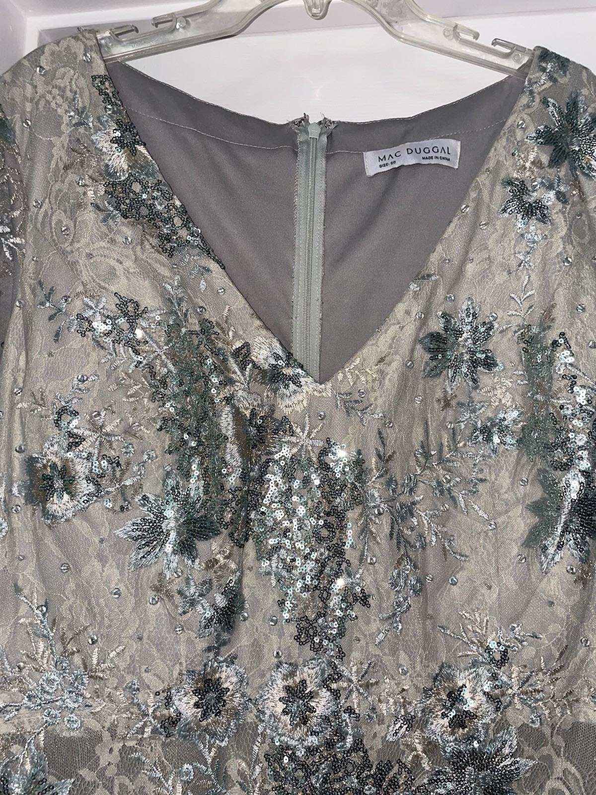 Mac Duggal V Neck Illusion Long Sleeve Embellished Evening Gown Seamist Size 20