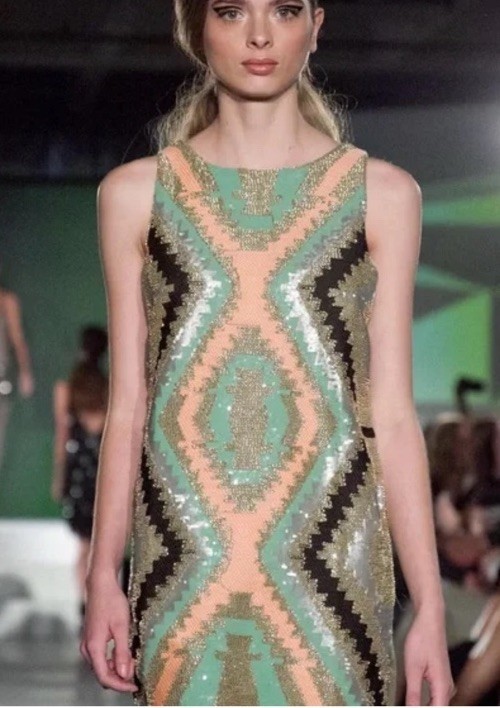 English Rose Mini-Dress Bead & Sequin Front Sz L Green Pink Black Silver Geo $96