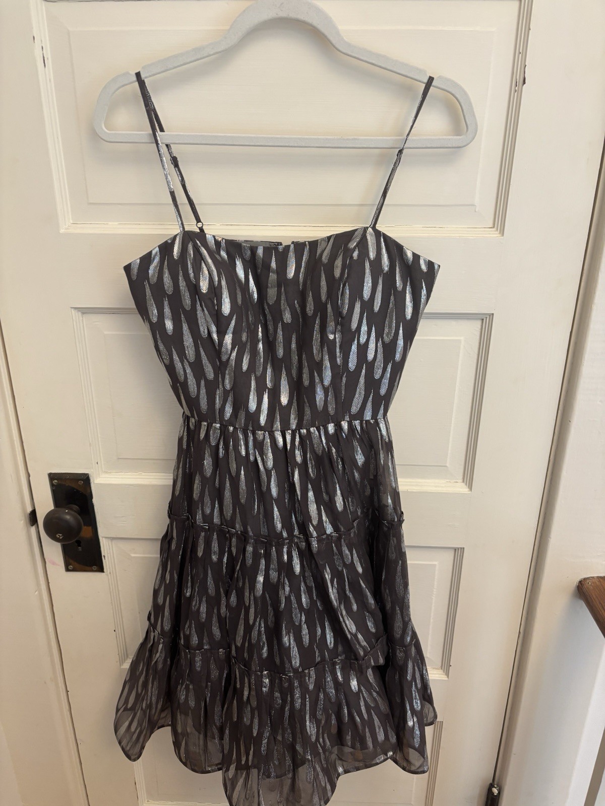 Oleg Cassini Gray Silver Drop Spaghetti Strap Tiered Dress Lined Size 2