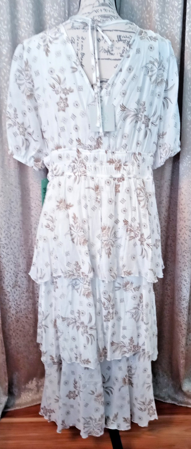 J Gee Feminine Smocked Waist Ruffled Beige & White Floral Print Maxi Dress PXL