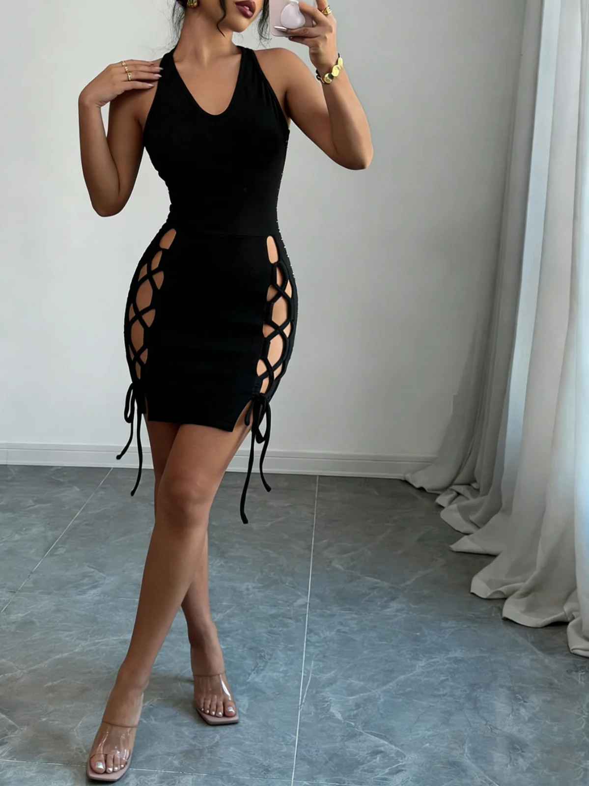 Women Halter Mini Dress V Neck Side Cutout Lace Up Body