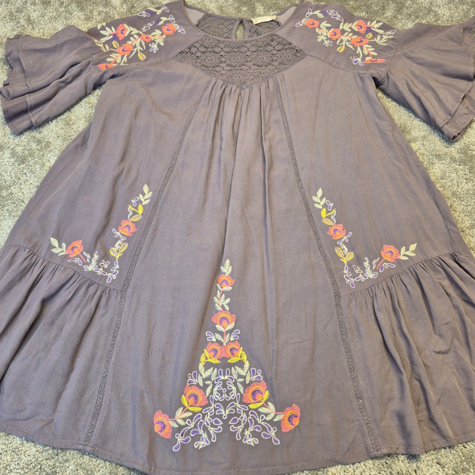 Altard State Womens Purple Floral Embroidered Boho Lace Bell Sleeve Dress M