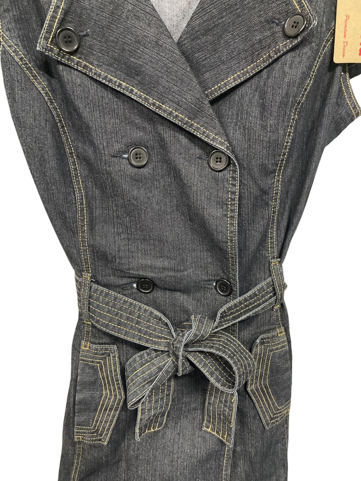 Botique Black Denim Double Breasted Button Down Dress Belted Waist Size 9/10
