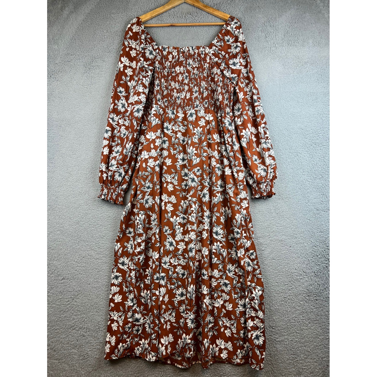 Rust Brown Floral Smocked Maxi Dress Long Sleeve Square Neck Boho Slit L