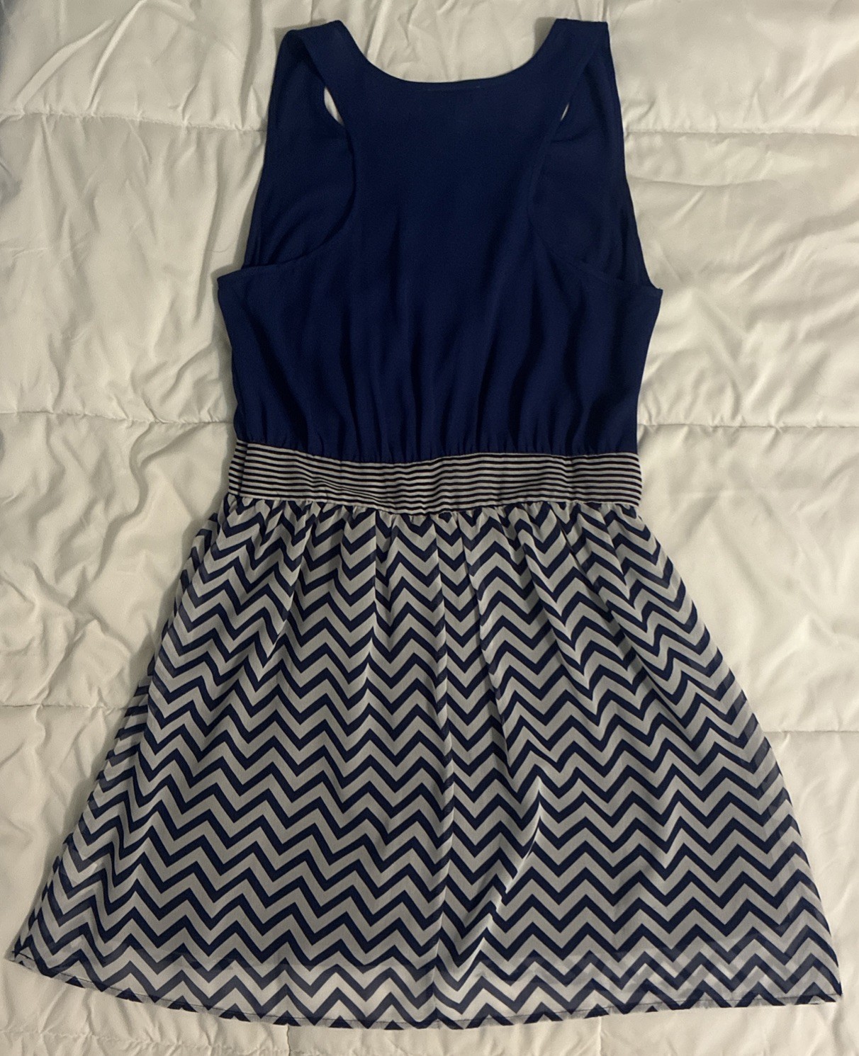 charming charlie Blue Chevron Dress M Sleeveless Chiffon Tank Mini Sundress Boat