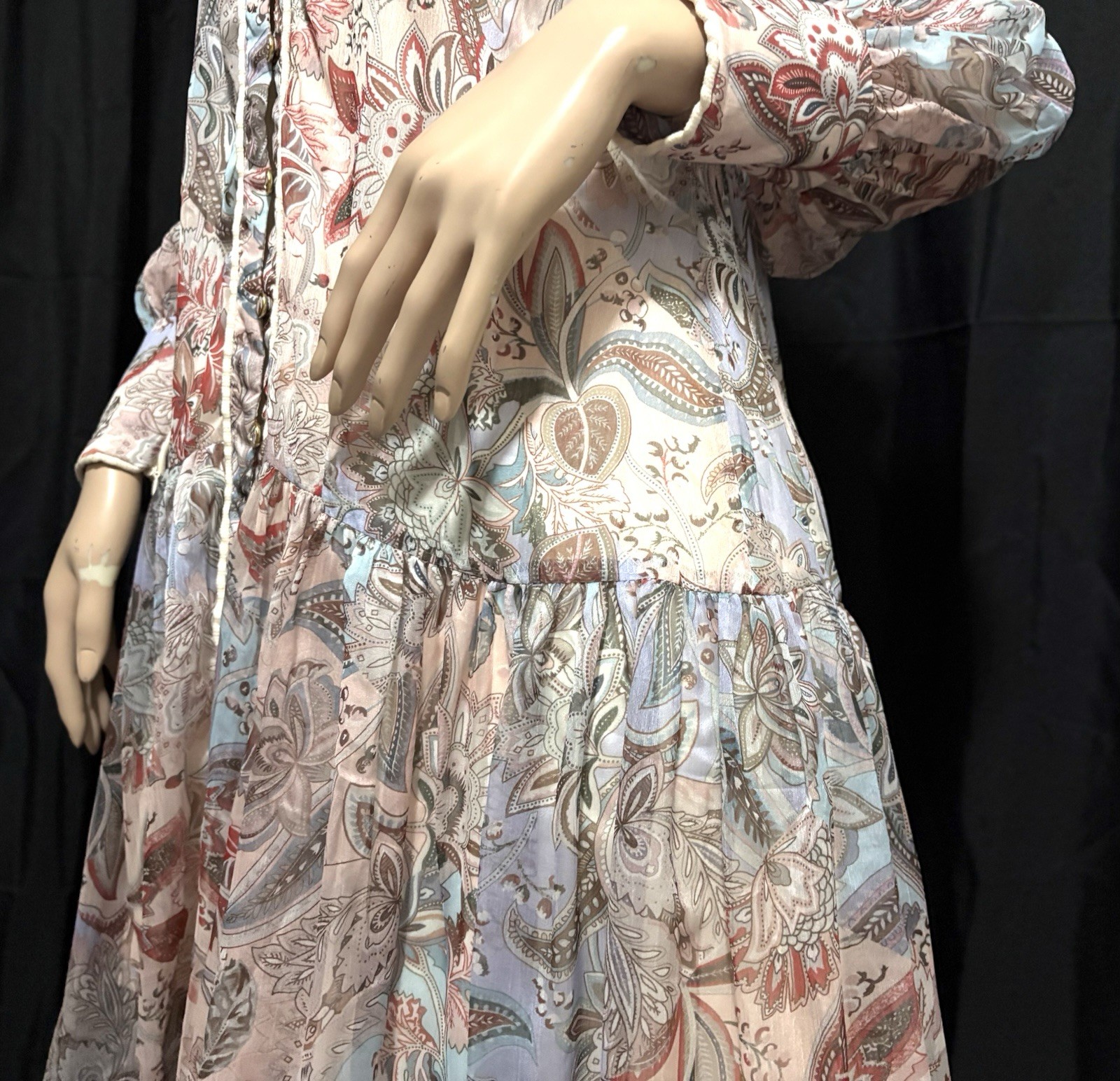 UNKNOWN JACOBEAN PRINT GEORGETTE W/SLIP IVORY, COPPER + MULTI, MAXI DRESS SMALL