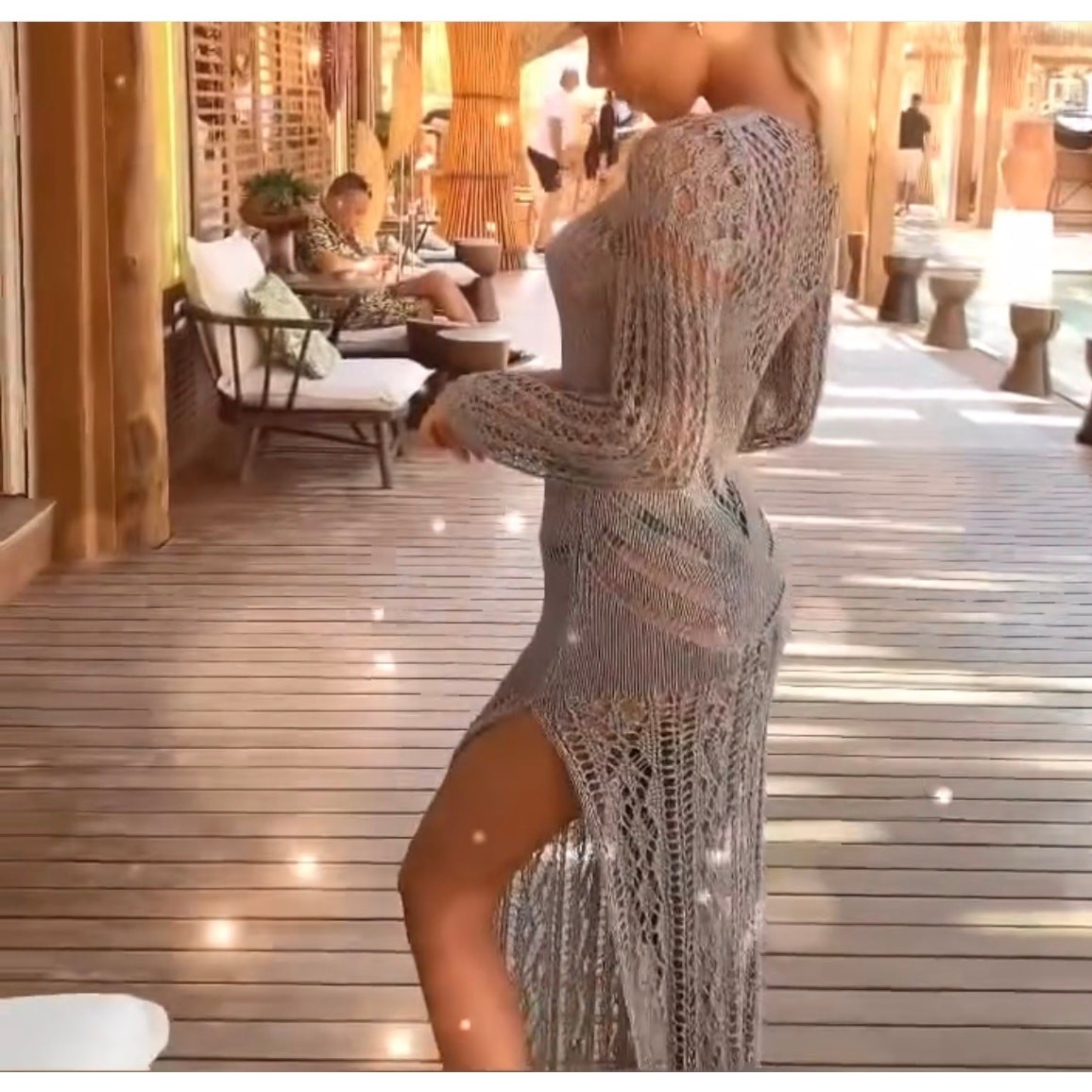Woolnet Greece Metallic Bronze Gold Crochet Knit Maxi Dress Resortwear
