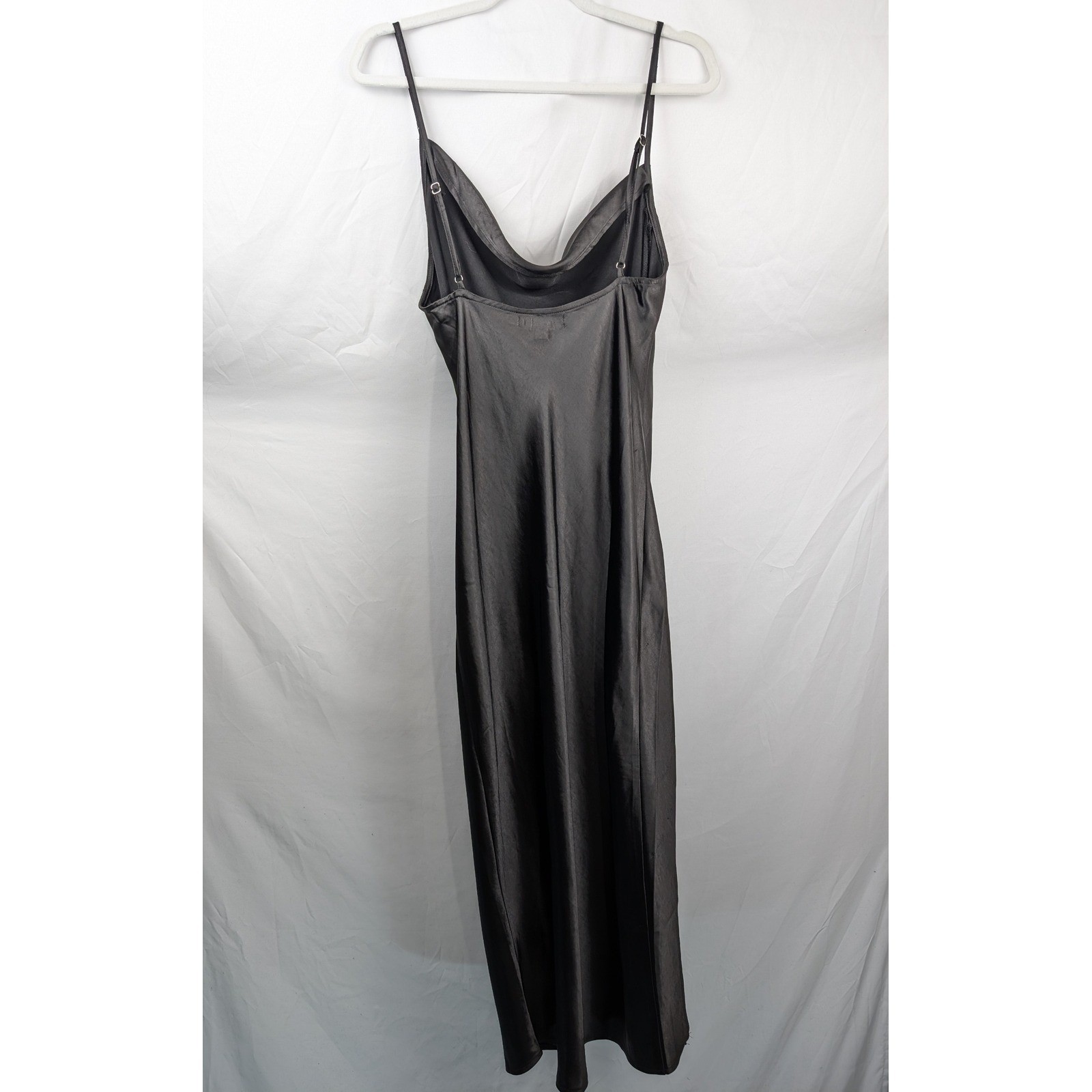 Y2K Whimsigoth Satin Cowl Neck Maxi Slip Dress Sz M Black Dark Leg Slit Romantic