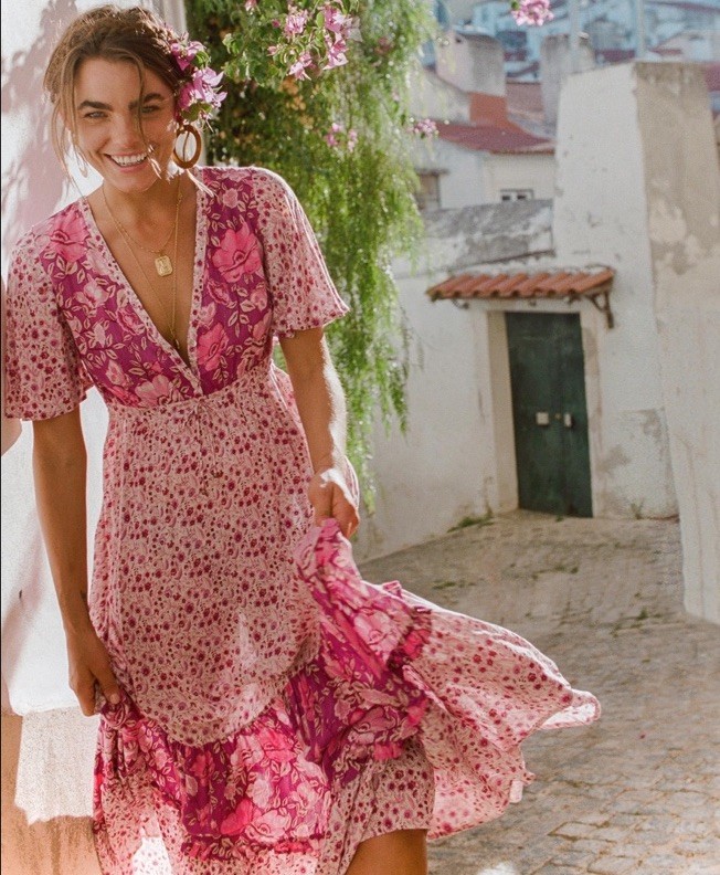 Spell & The Gypsy Dress Gown Size M Winona Maxi Berry Pink Floral Whimsy Boho