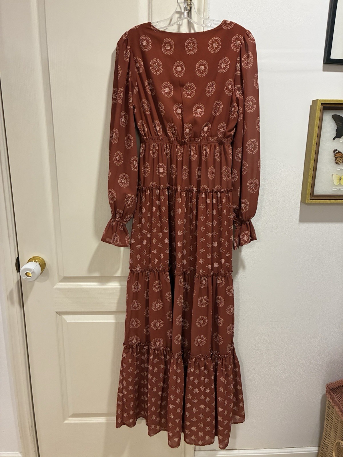 Flying Tomato Rust Brown Bohemian Maxi Dress V-Neck Lined Ruffle Small