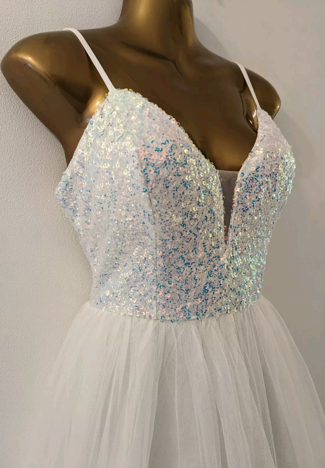 FAERIESTY womens white sequin embellished lace back ballgown dress size 12 prom