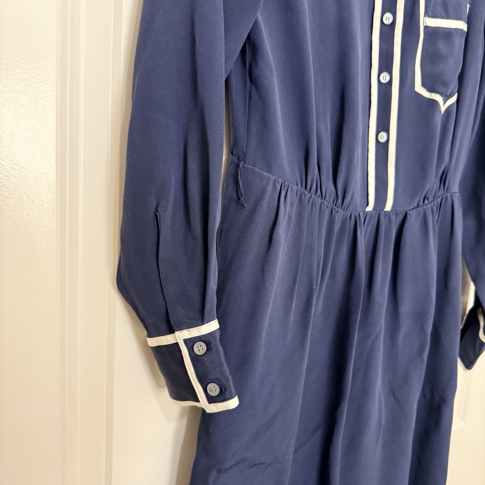 J. Crew Silk Shirt Dress Sheer Pockets Classic Navy Prep See Measurements XS/S