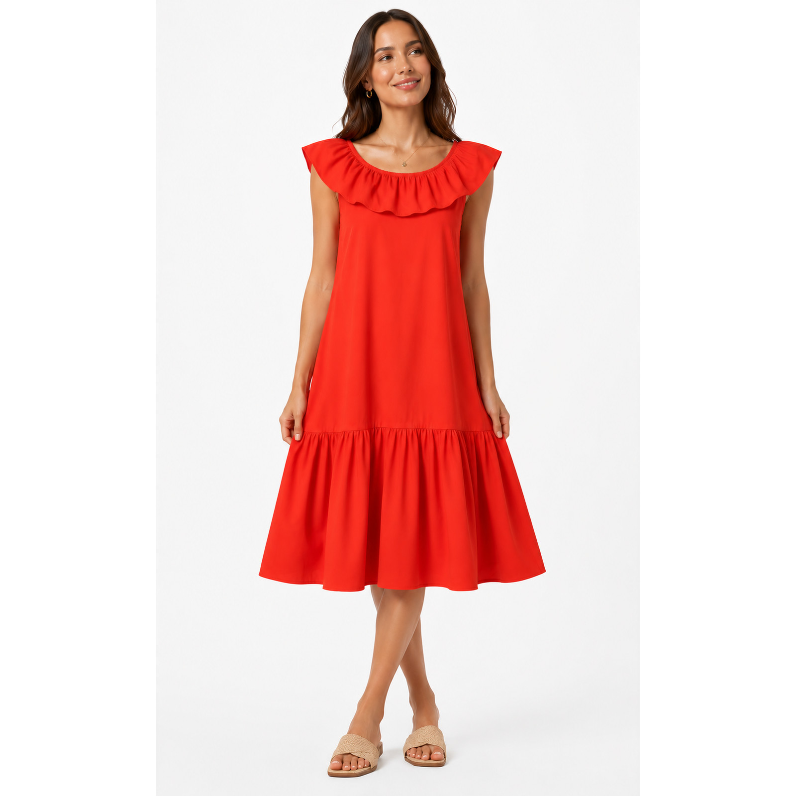 Anthropologie WHIT TWO Coral Red Cotton Poplin Ruffle Midi Dress Size Small Boho