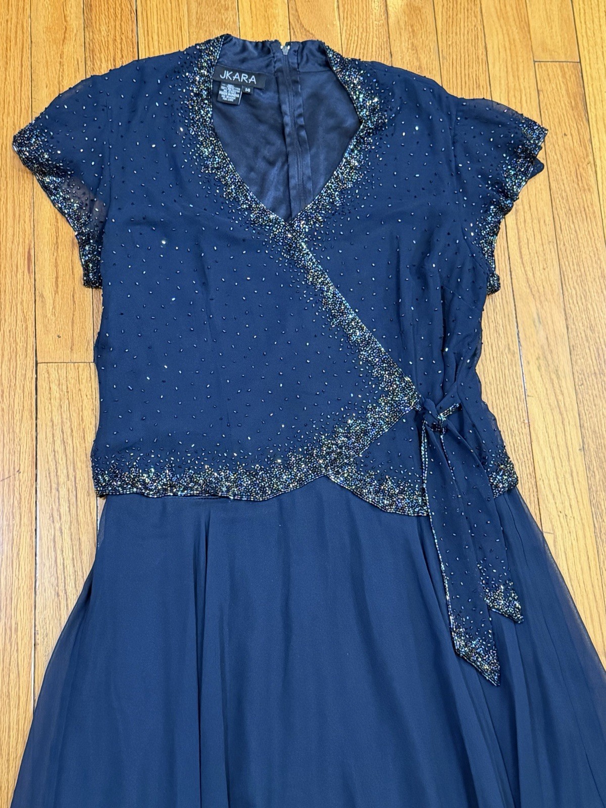 JKARA Beaded MaxiDress Navy Blue Flutter Sleeve Formal Evening Wedding Womens 14