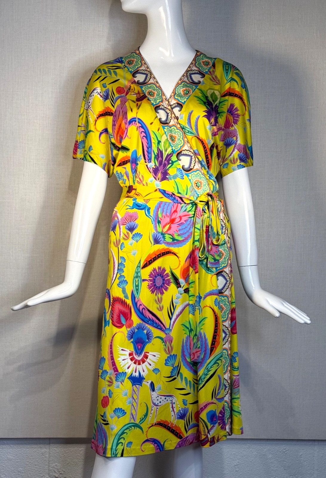ETRO Milano SILK JERSEY Yellow Print Wrap Dress SIZE IT46 US10 , S/S 2018 NWOT