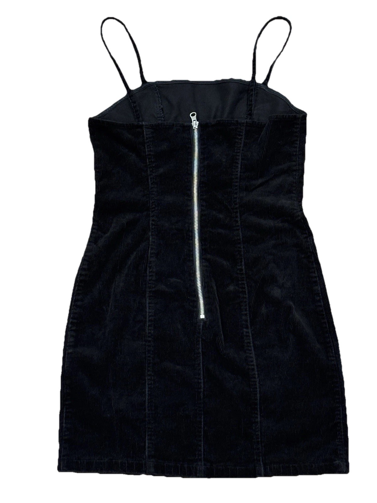 H&M Black Corduroy Mini Dress Womens Medium Spaghetti Strap Bodycon Zip