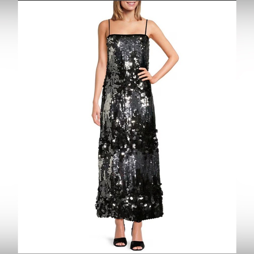 Le’ AL.X Mixed Sequin Square Neck Sleeveless Spaghetti Strap Maxi Dress Disco