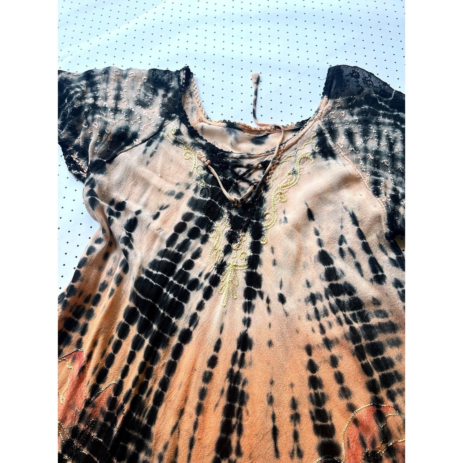 Boho Tie Dye Palm Tree Embroidered Maxi Dress Festival Beach Cover Up