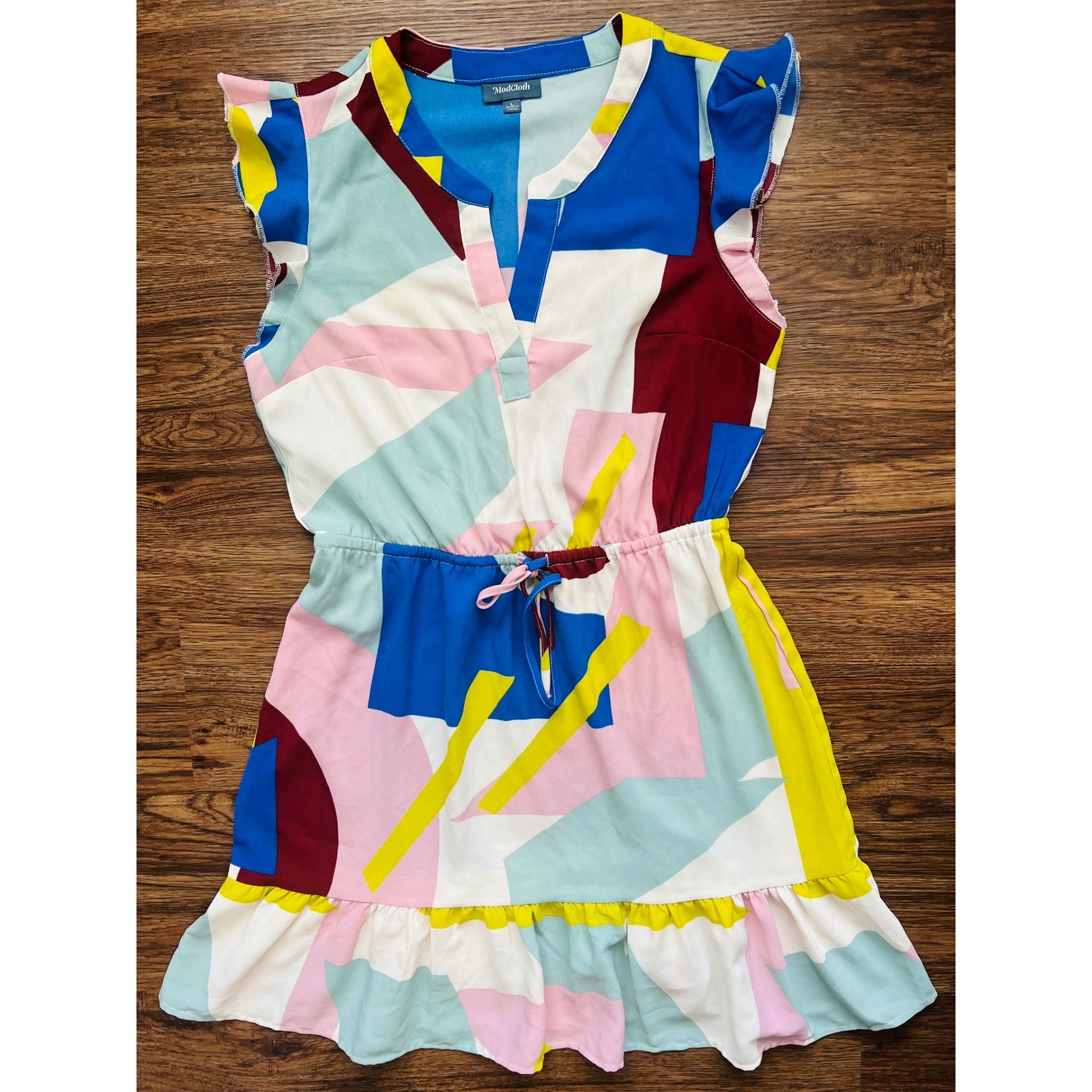 ModCloth Womens Abstract Geometric Print Ruffle Mini Dress Multi-Color Size L